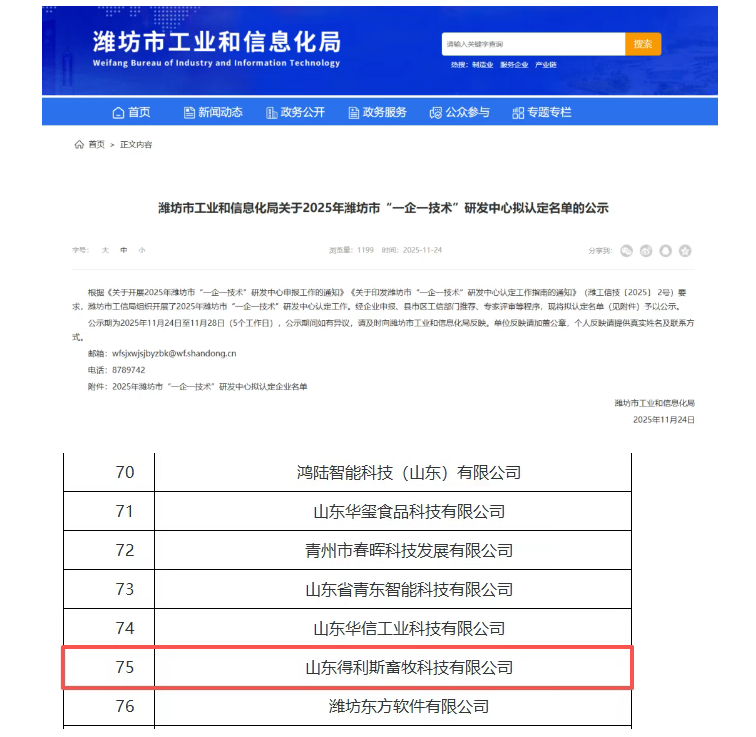 山東得利斯畜牧科技有限公司入選2025年度(第五批)濰坊市“一企一技術(shù)”研發(fā)中心企業(yè)名單